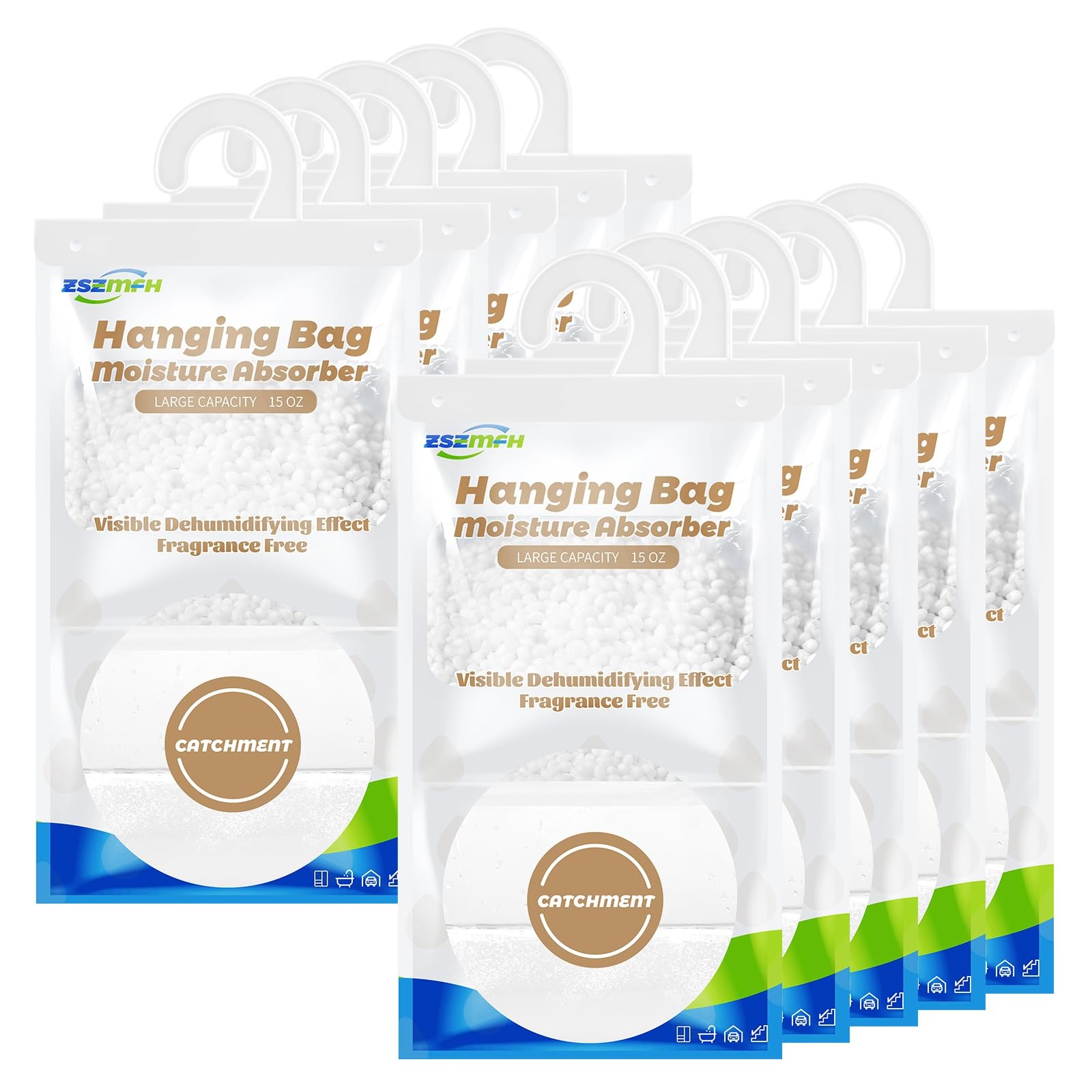 ZSZMFH 10 Pack Moisture Absorber Hanging Bags, Fragrance 425g-10pack, white