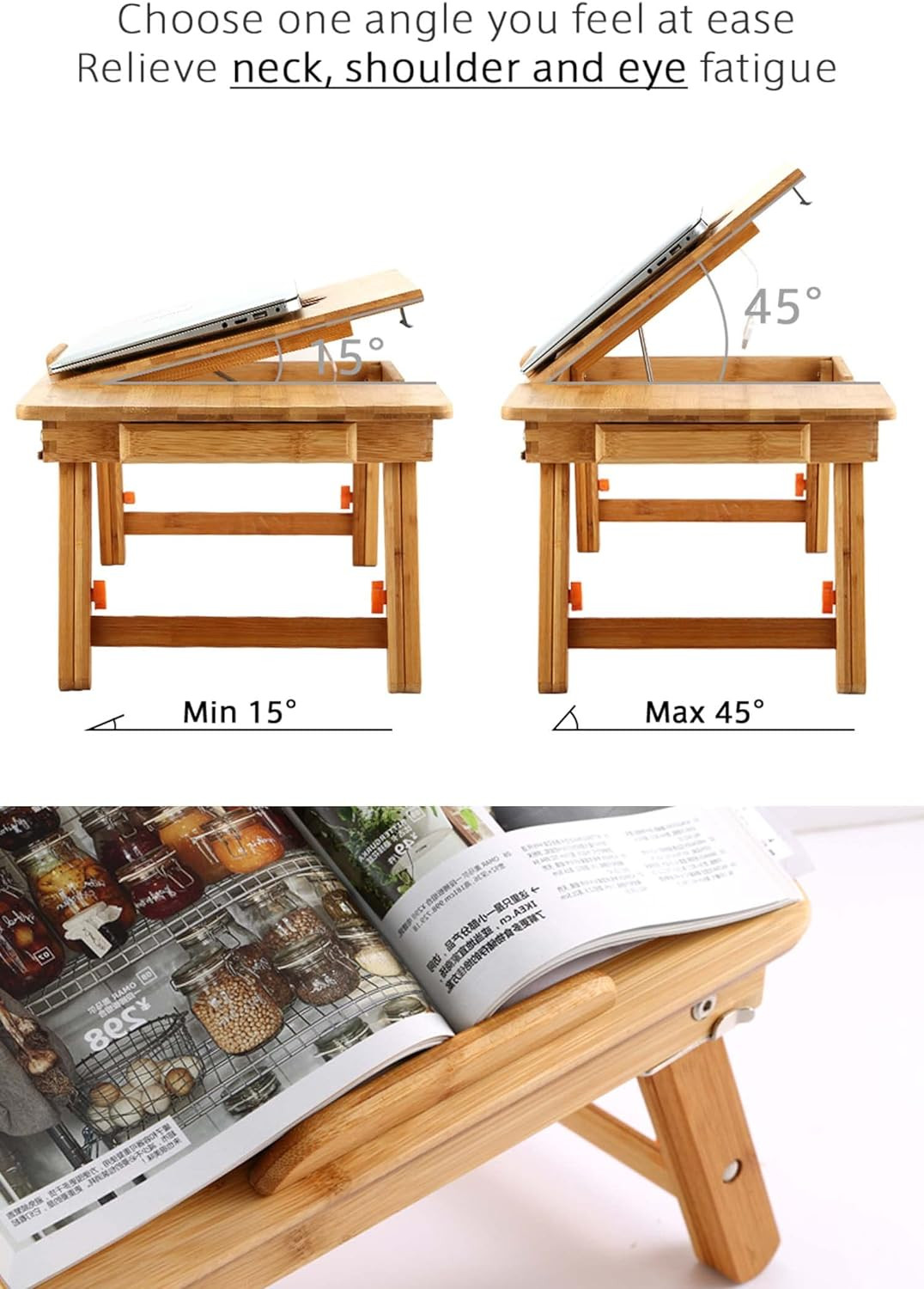 Laptop Desk Table Adjustable 100% Bamboo Foldable Breakfast Serving Bed Tray W'