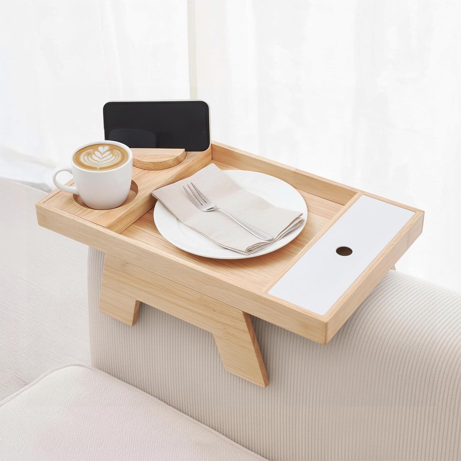 Couch Arm Tray – Rubberwood Sofa Armrest Table W/ Extra Storage Compartment