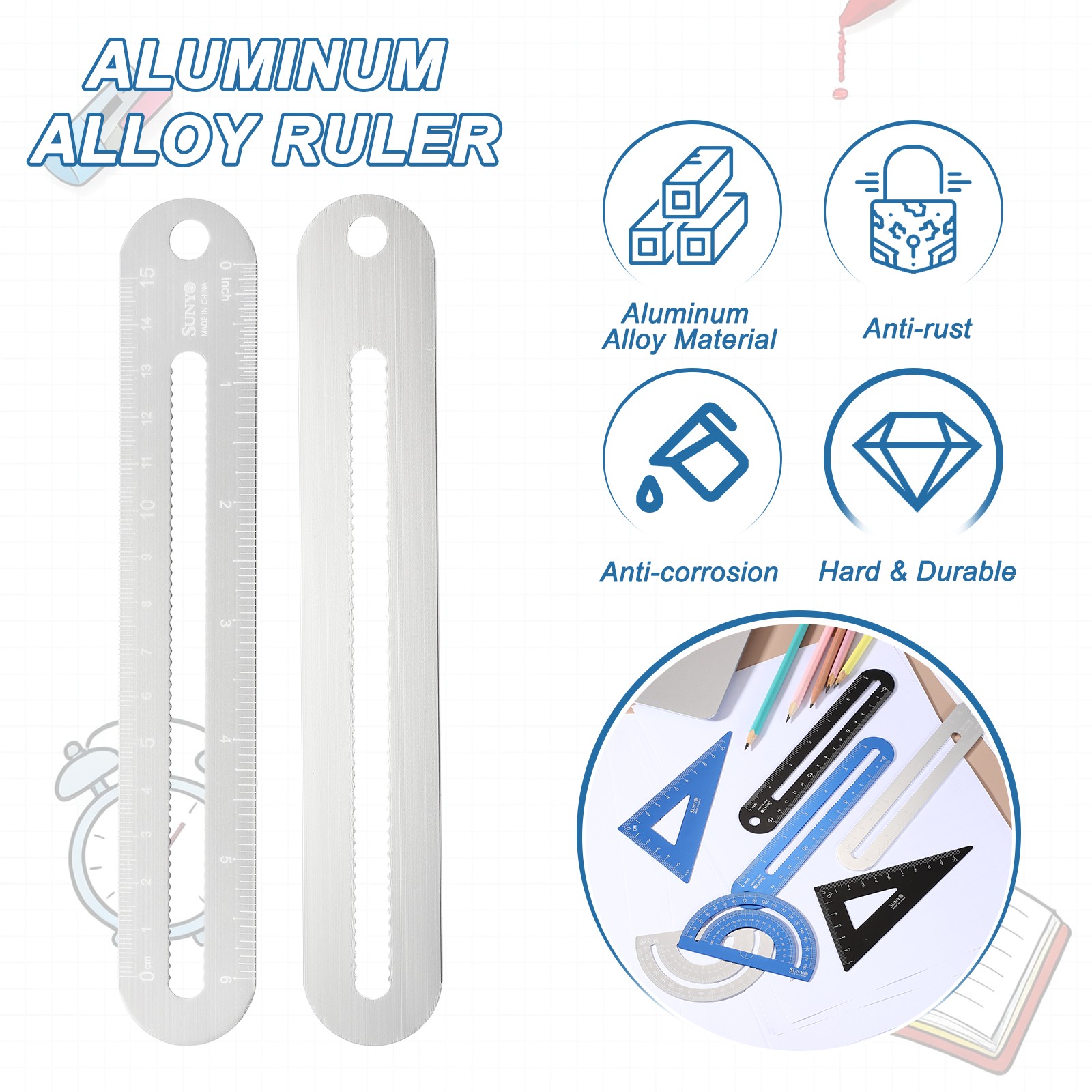 4pcs Triangular Ruler Set 15cm/6" Aluminum Ruler Protractor Silver White