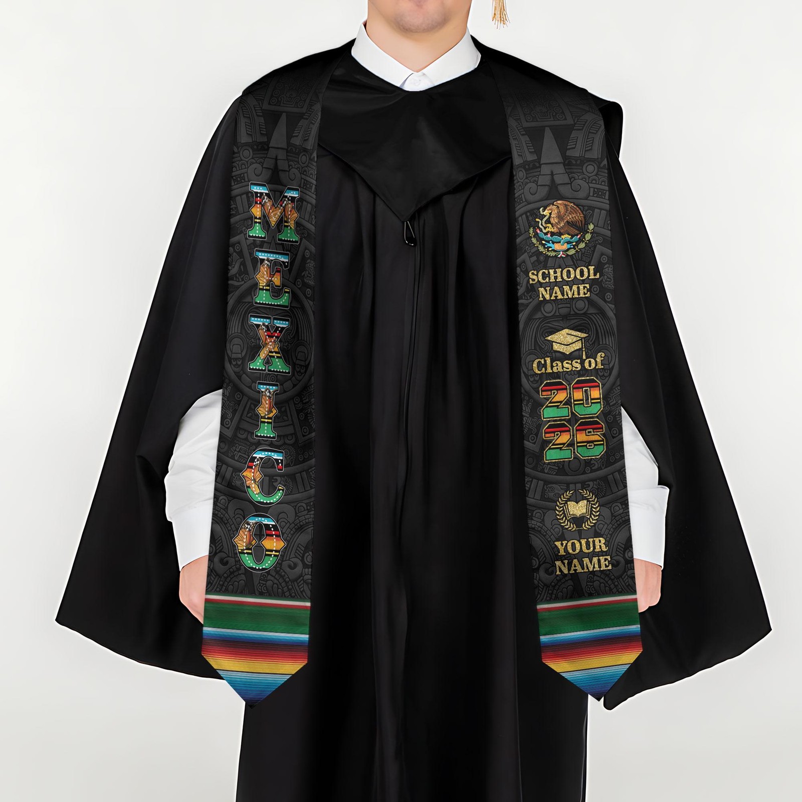 Custom Mexican American Flag Graduation Sash 2026 Mexico Grad Stole
