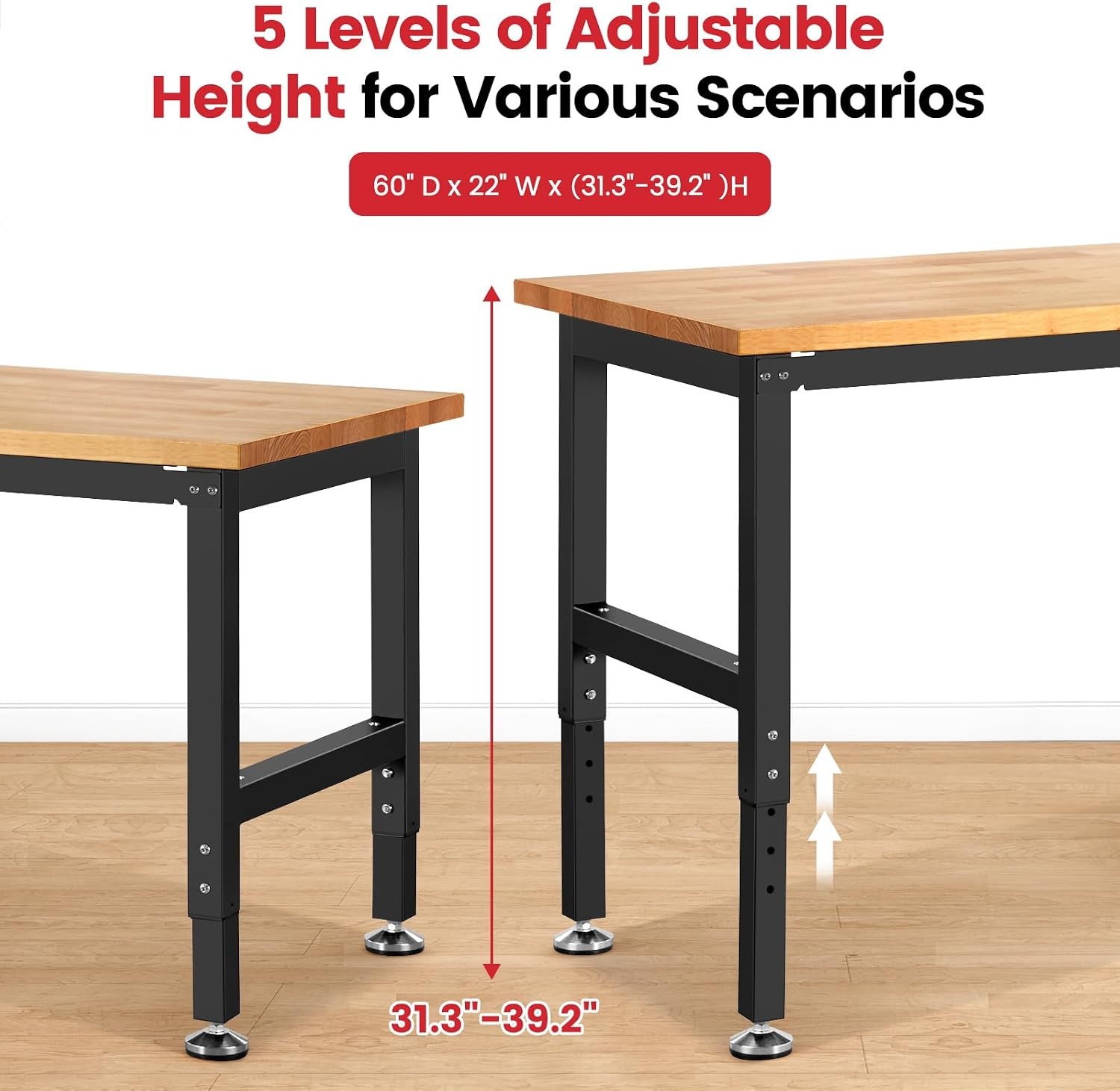 60" Adjustable Height Workbench 1500 LBS Capacity Heavy Duty Work Bench with