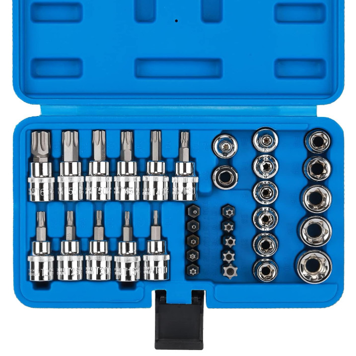 Juego 34 Pzs Vasos Torx E4-E20 T10-T60 Antimanipulación CRV S2 3/8 Adaptador