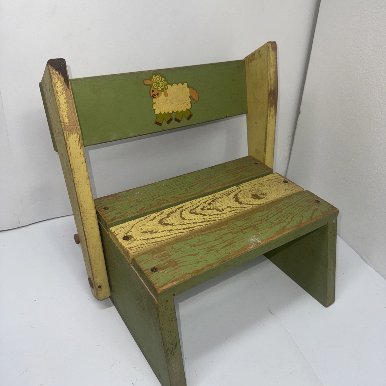 Vintage Wooden Child's Folding Step Stool / Chair  ~ Green /Yellow Paint ~ Lamb