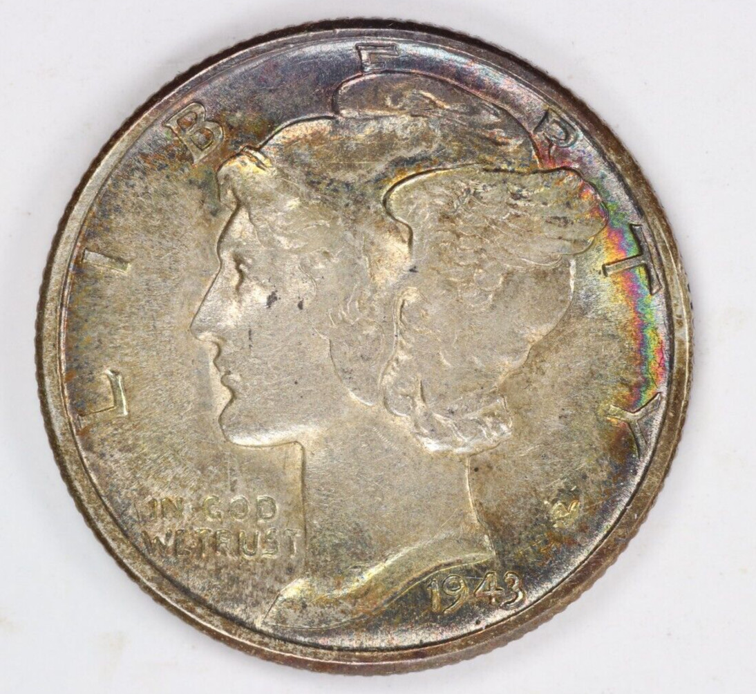 1943 P Mercury Dime 10C Toned Rainbow