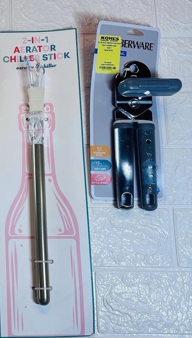 Kitchen Lot NEW 1 Wine Aerator Chiller Sticks 1 Metal Can Opener Extras -Mancave