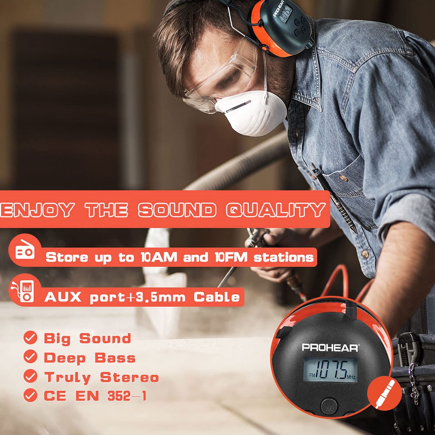 PROHEAR 027 AM FM Radio Headphones with Digital Display, 25dB NRR, Safety Ear...