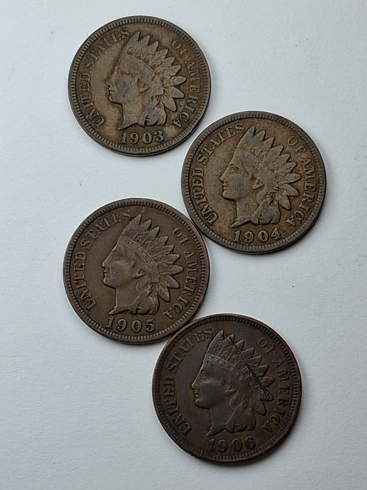 1903, 1904, 1905, 1906 US Indian Head One Cent Pennies (Lot Of 4, VG/F)