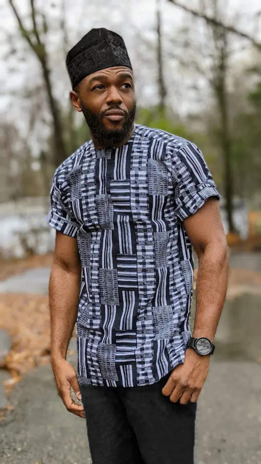 Adofo Black and White African Kente Print Ankara Dashiki Shirt-DPB0795M | Africa