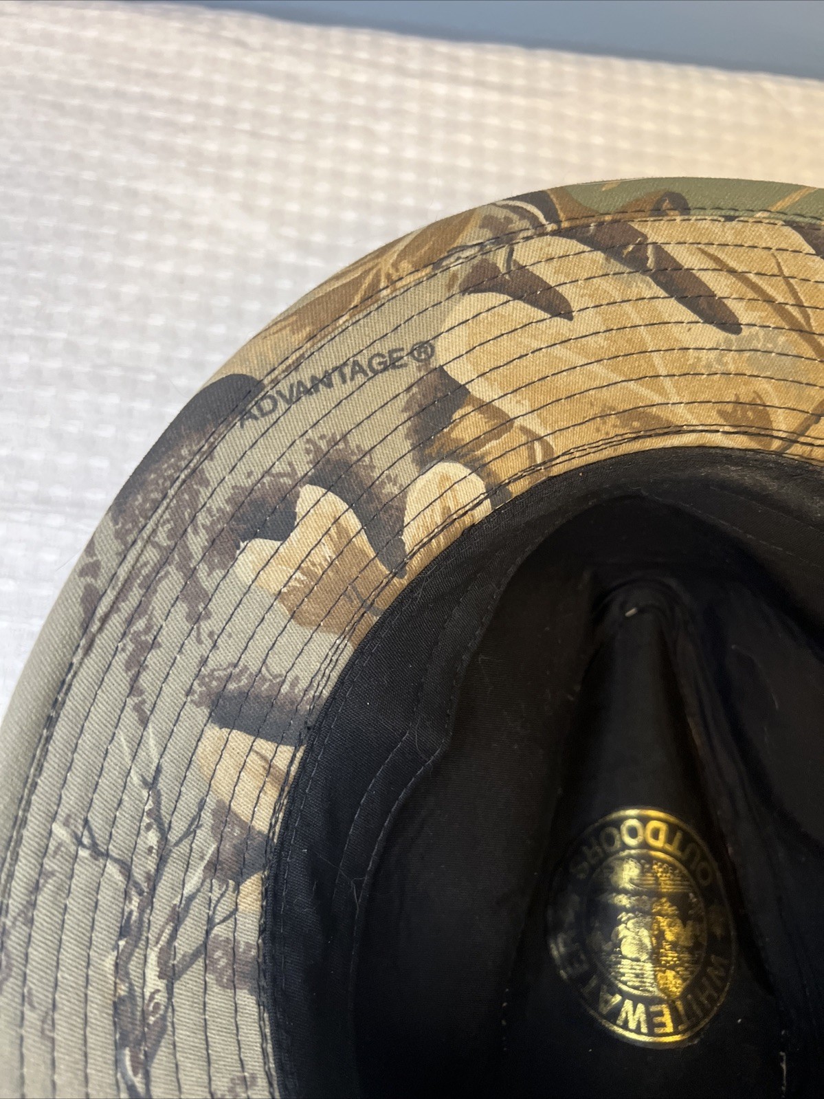 Vintage Whitewater Outdoors Advantage Camo Bucket Hat Hunting US Leaves Brown