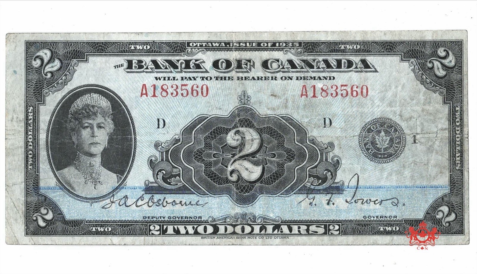 1935 Bank Of Canada 2$ English A183560 - VF - BC-3 Pressed