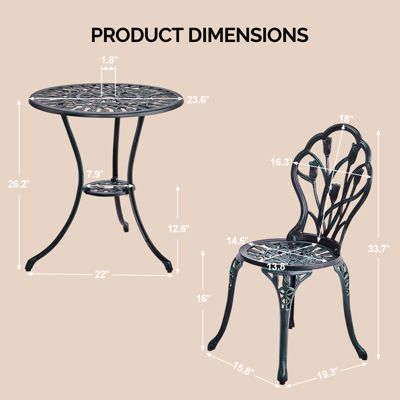 3 PCS Outdoor Bistro Set Cast Aluminum Tulip Bistro Table and Chair Green