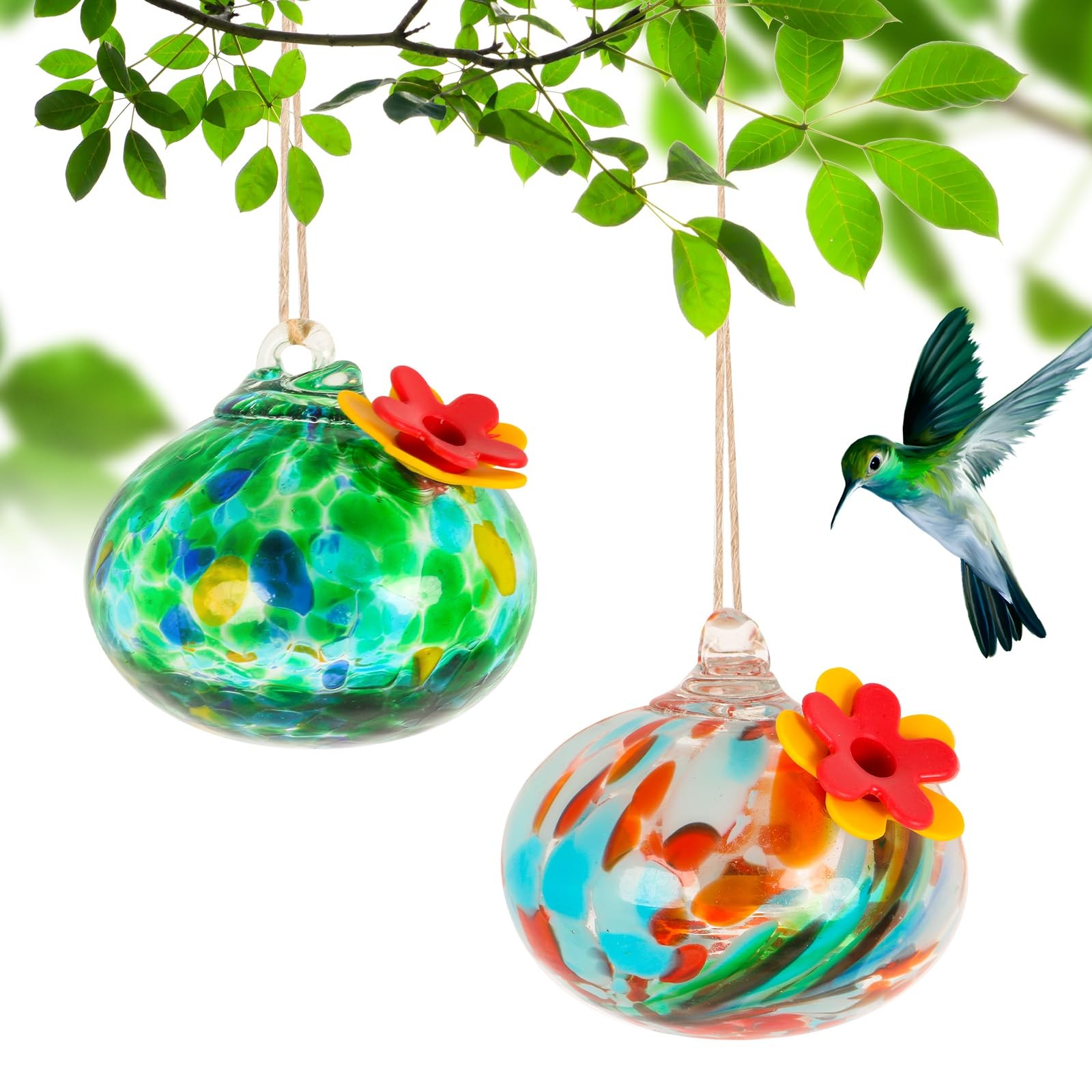2 Pcs Blown Glass Hummingbird Feeder for Outdoors Hanging, Ant & Ellipse A2