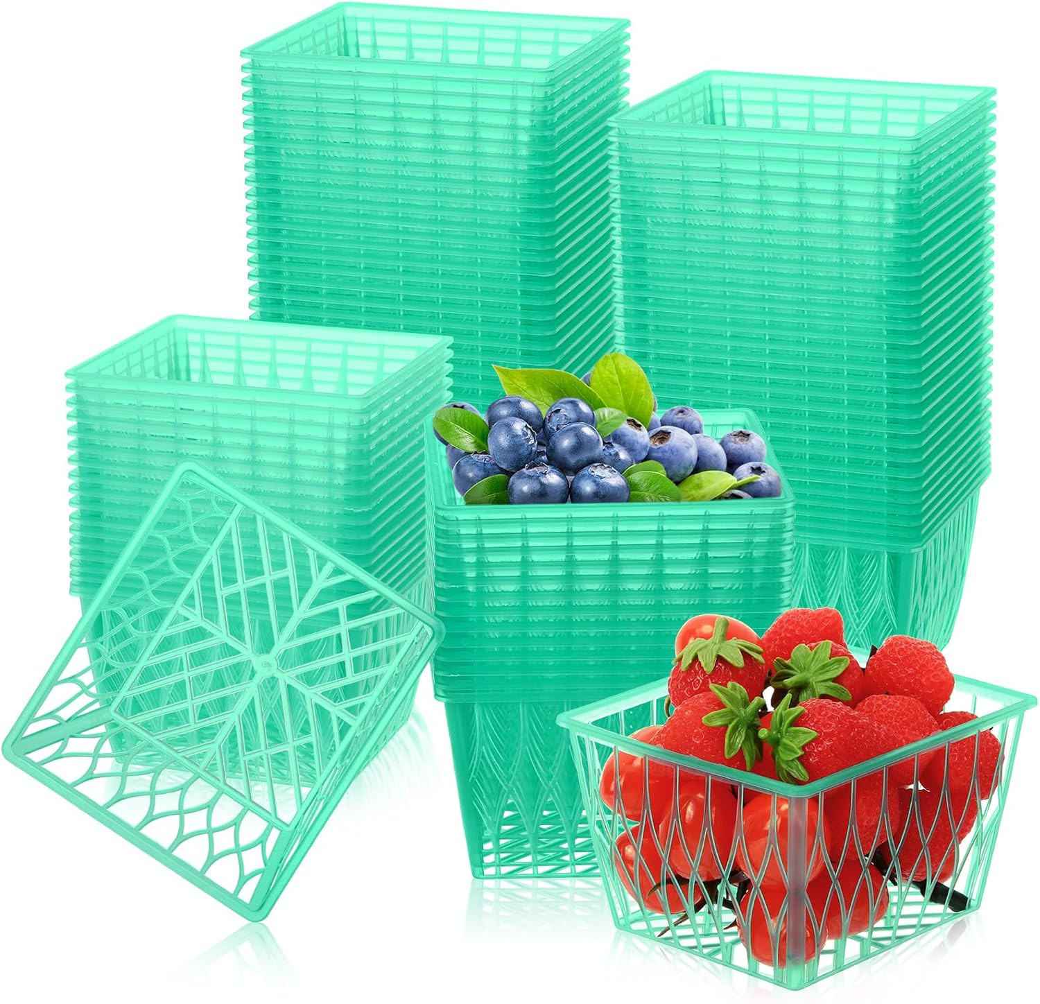 50 Pcs Pint Size Plastic Berry Baskets Boxes Green Strawberry Basket with Open W