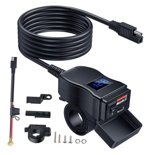 Motorcycle USB Charger, Dual USB Type C PD & Blue Voltmeter(USB-C & USB-A)