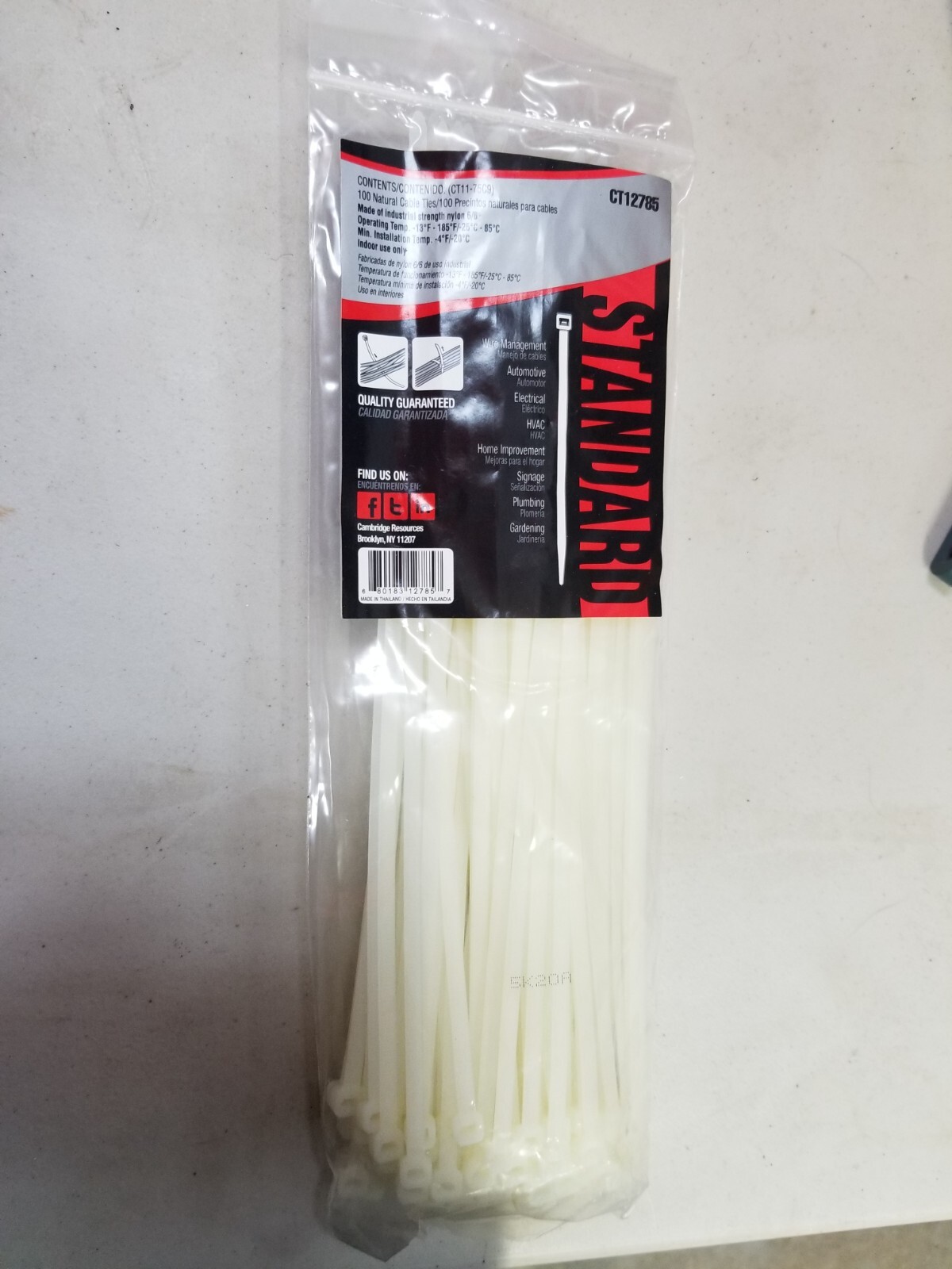 11" Cable Tie Cambridge Resources Zipits CT12785 75# Natural Lot of 12 Bags/100
