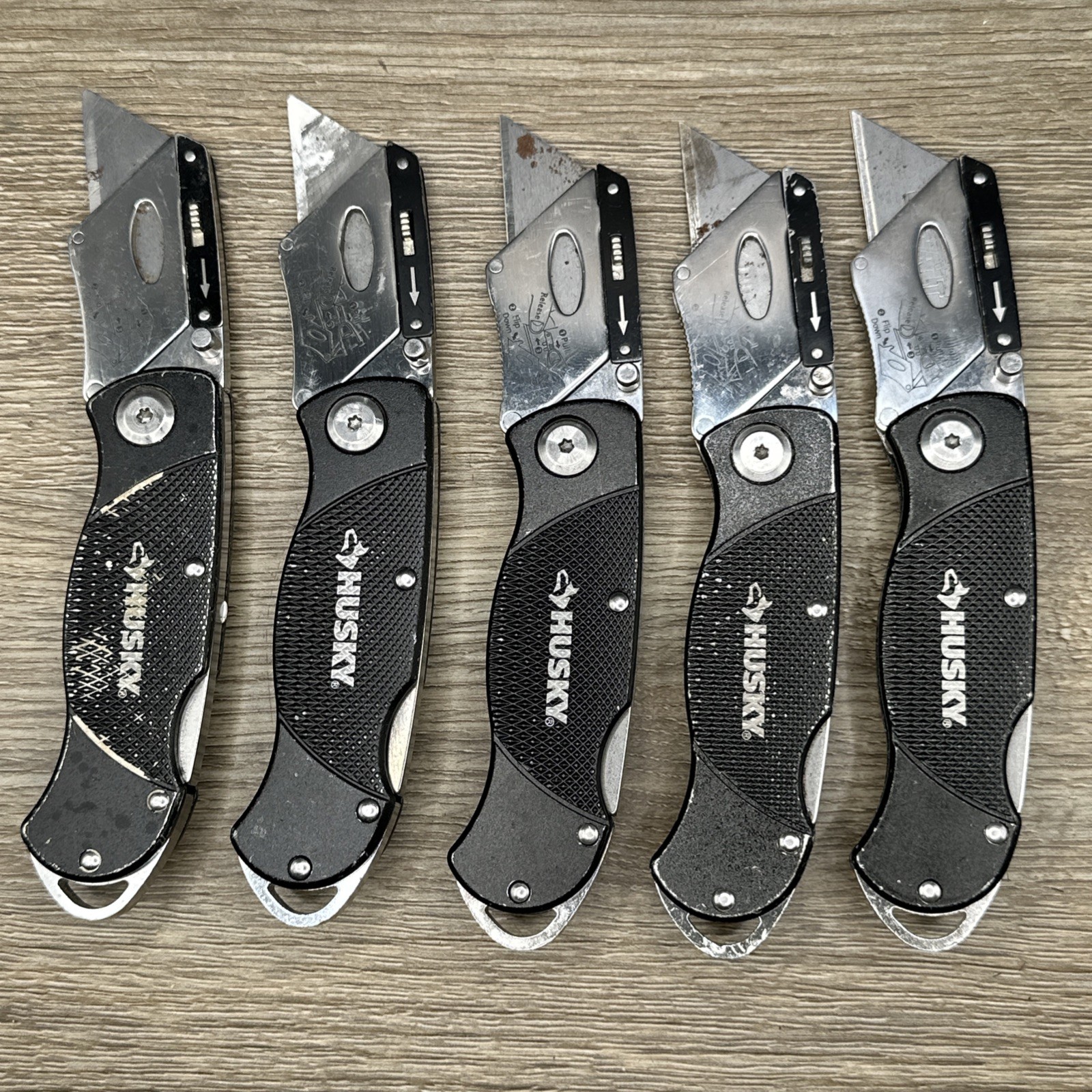 (Lot C) 5 Husky Black Folding Lockback Pocket Utility Knife Set, Box Cutter