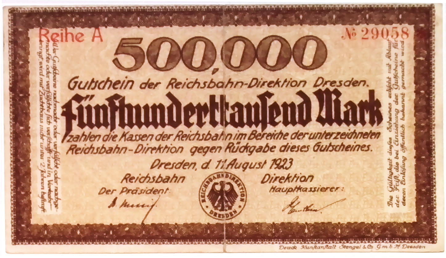 1923 Germany DRESDEN 500.000  Mark Banknote