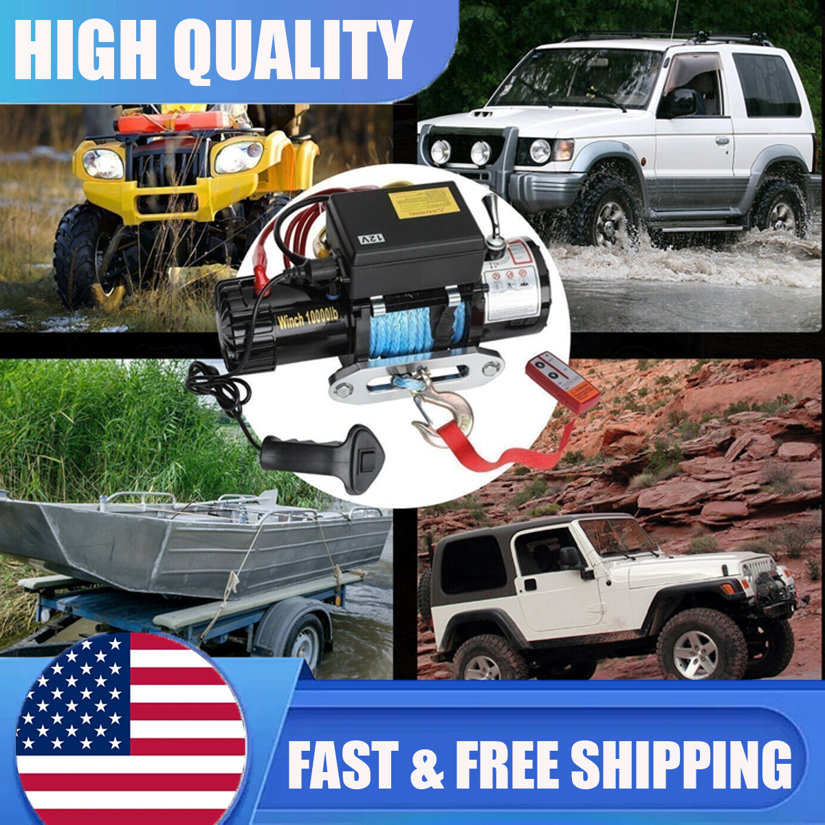 10000LBS Electric Winch 12V Synthetic Rope Off-road 4WD SUV Truck Towing Trailer