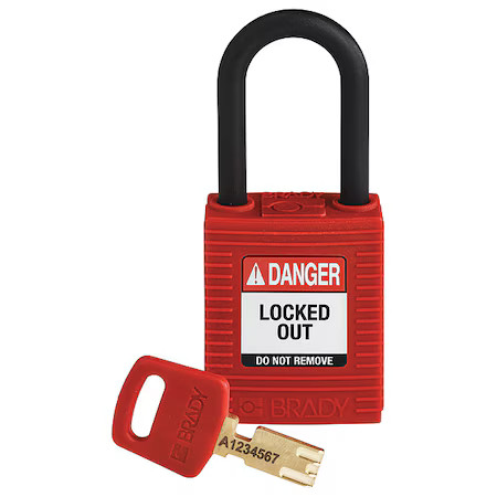 Brady Nyl-Red-38Pl-Kd Lockout Padlock, Keyed Different, Nylon, Red, 1 1/2 In