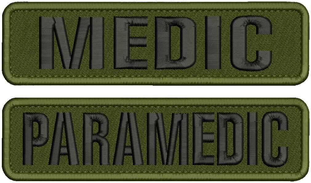 MEDIC&PARAMEDIC EMBROIDERY PATCHES 8X2 HOOK ON BACK BLACK ON OD GREEN
