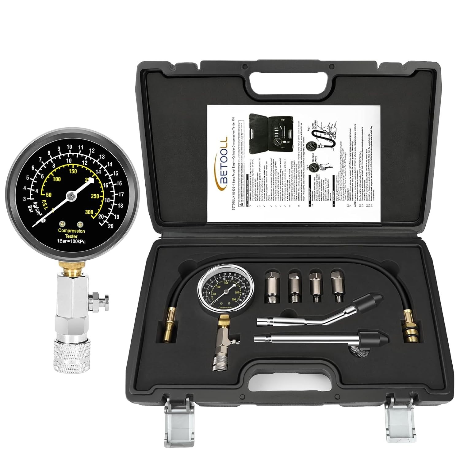 Professional 8-Piece Engine Compression Testing Kit with Triple Range Gauge