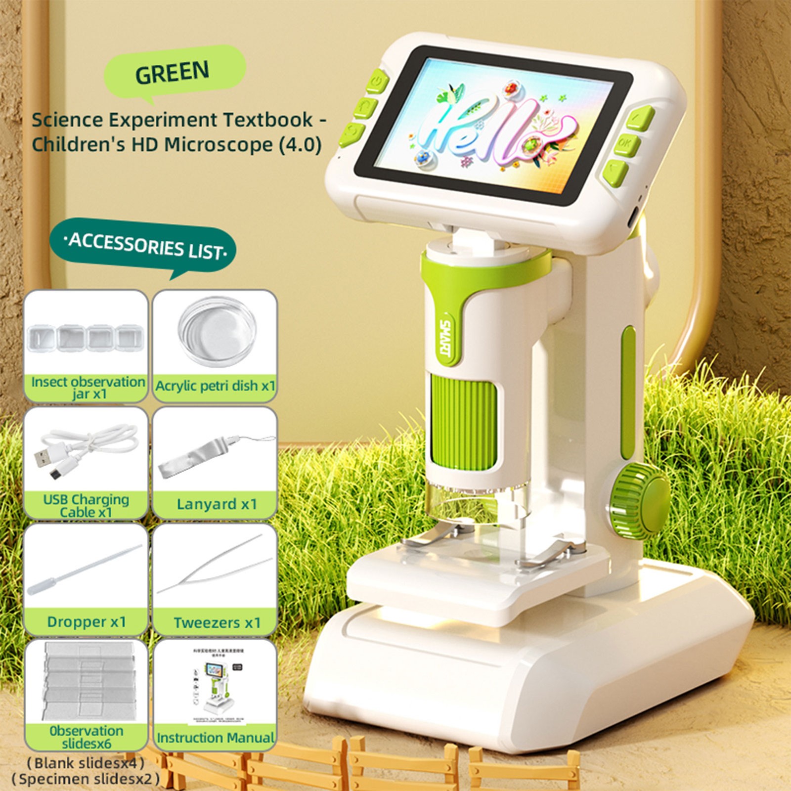 1600X Kids Digital Microscope - 4" 1080P Screen, Handheld Portable Science Kit