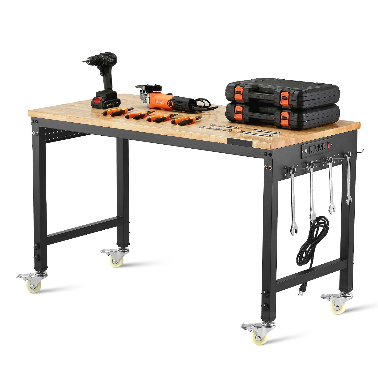 48" Adjustable Height Workbench on Wheels with Power Outlet & Pegboard