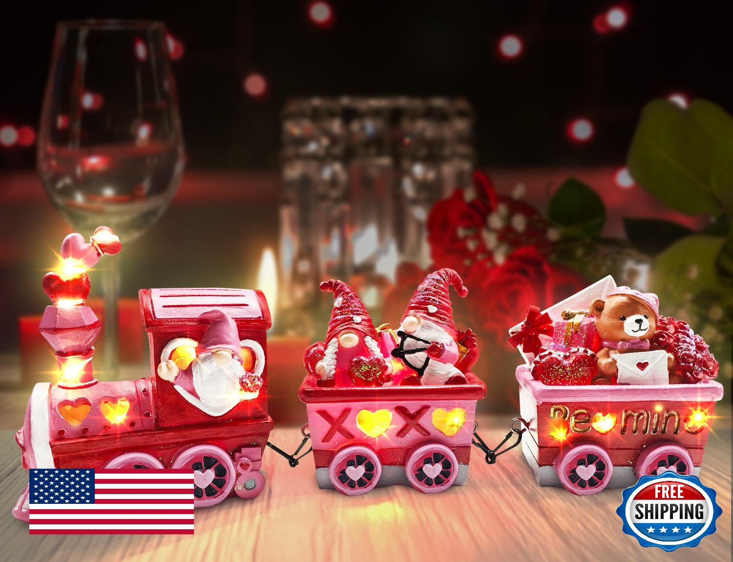 Hexagram Lighted Valentine Gnome Train Decor - Indoor Valentines Day Decoration