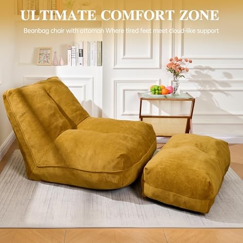 Bean Bag Chair with Ottoman, Comfy Bean Bag Sofa with Memory Foam, Lazy Yellow