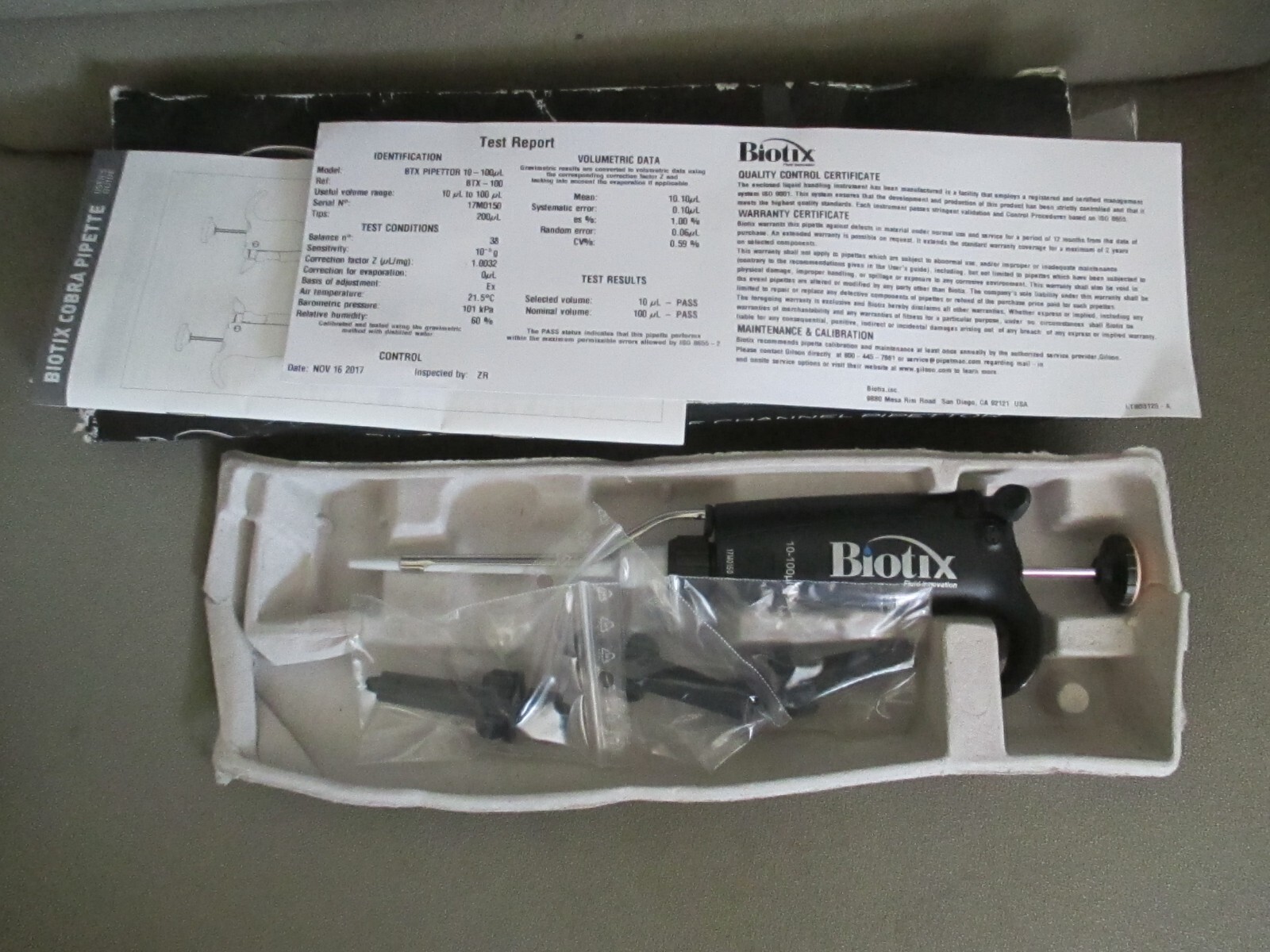 BIOTIX BTX-100 LAB PIPETTOR COBRA 10-100UL ADJUSTABLE SINGLE CHANNEL PIPETTE