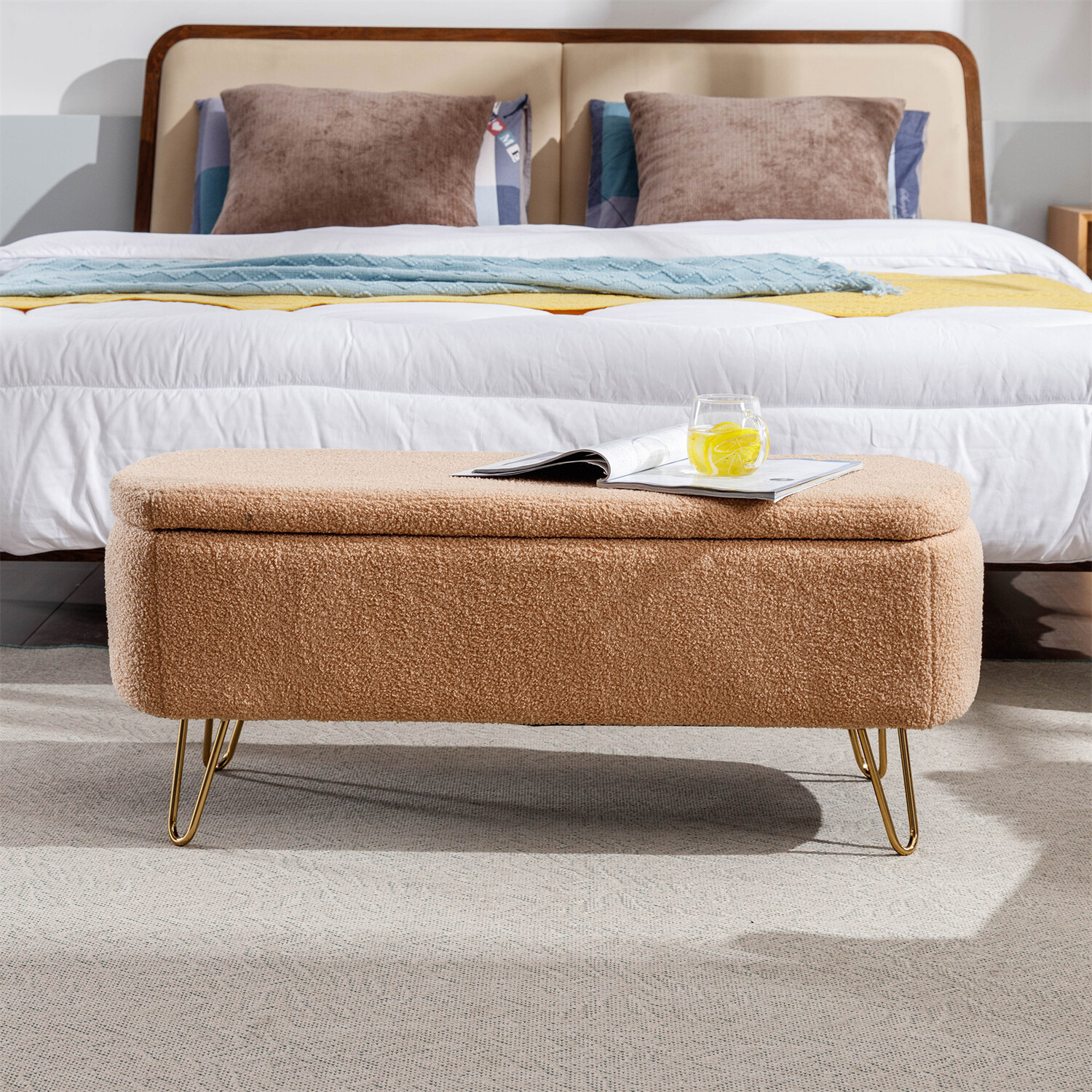 39in Storage Bench Faux Fur Upholstered Ottoman for End of Bed Footstools US