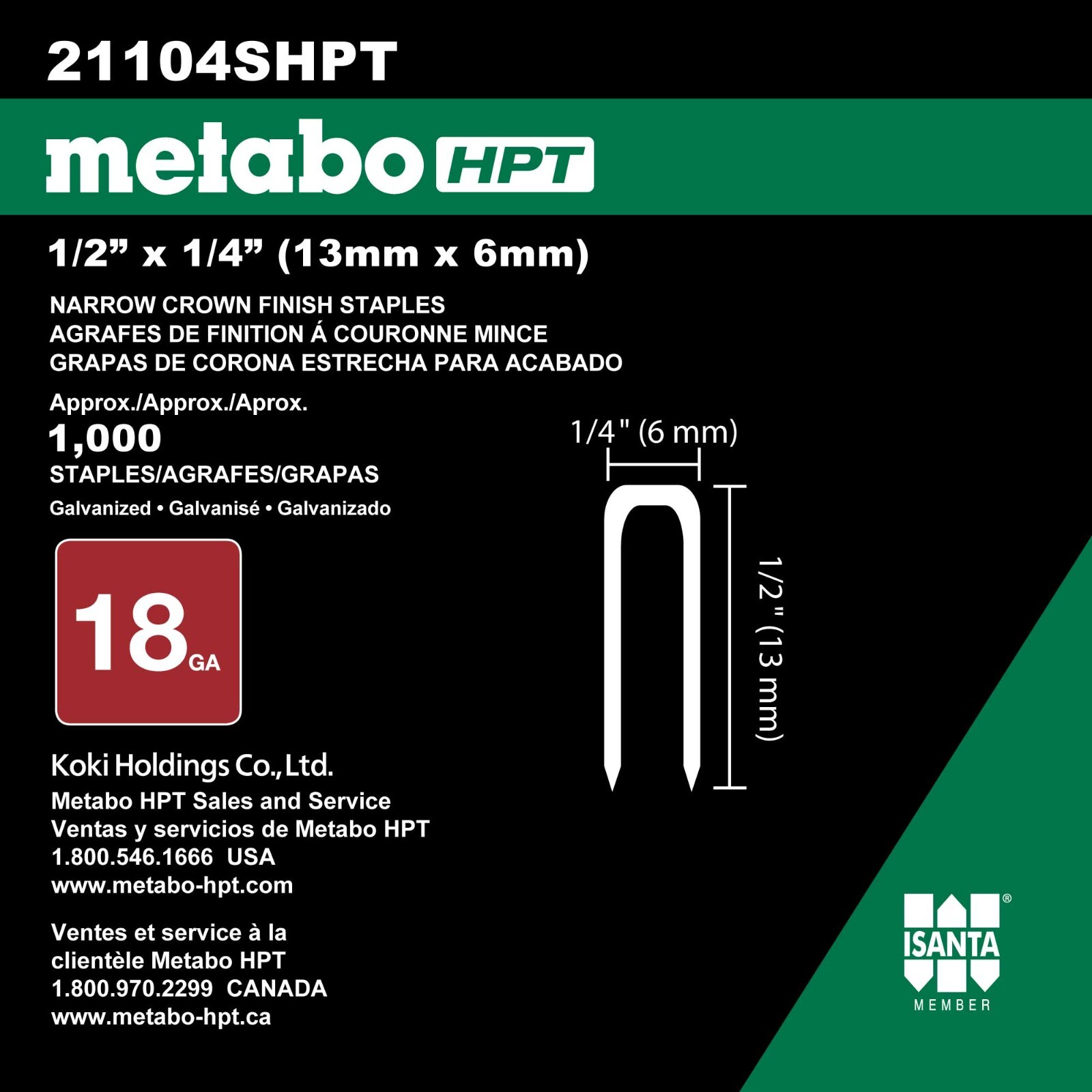 Metabo HPT 21104SHPT 18Ga 1/2" x 1/4" Electro Galvanized Staples 1M (5-Pack)