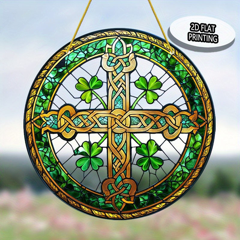 St Patricks Day Celtic Cross Acrylic Suncatcher Shamrock Pattern Round Decor