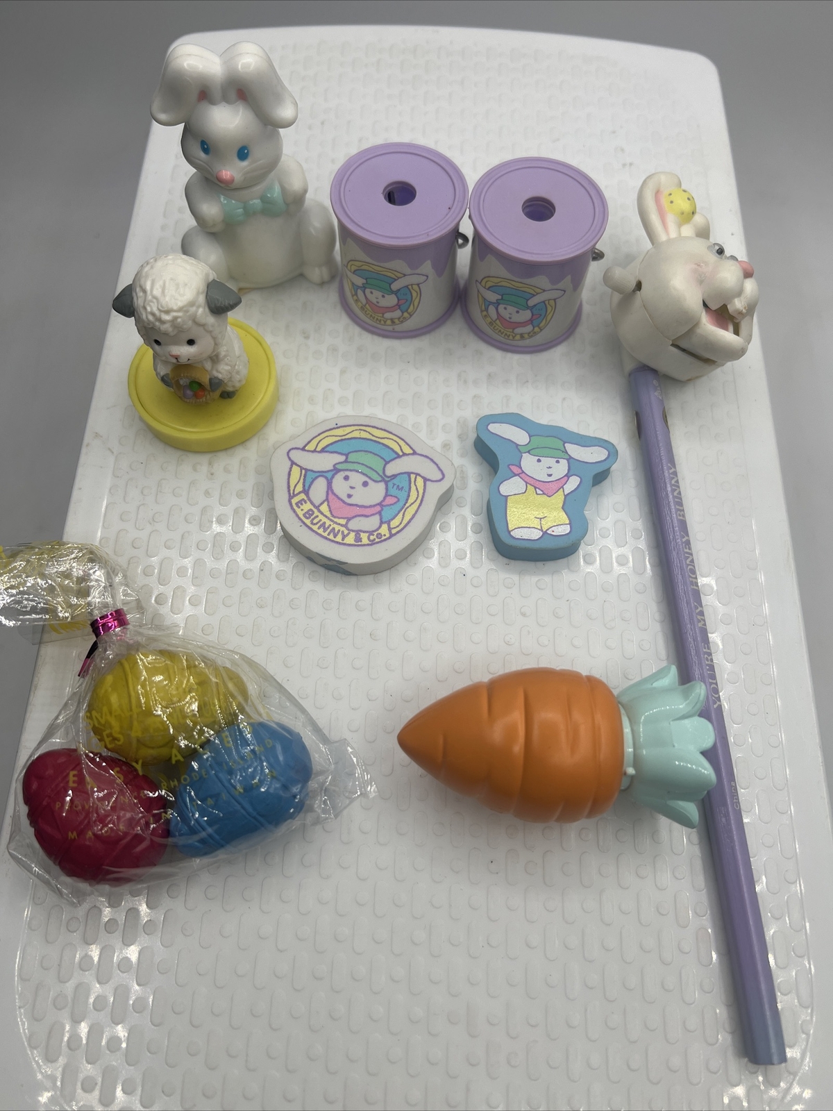 Vintage Easter E Bunny Co Pencil Sharpener Lot Erasers Wind Up Stamp Egg