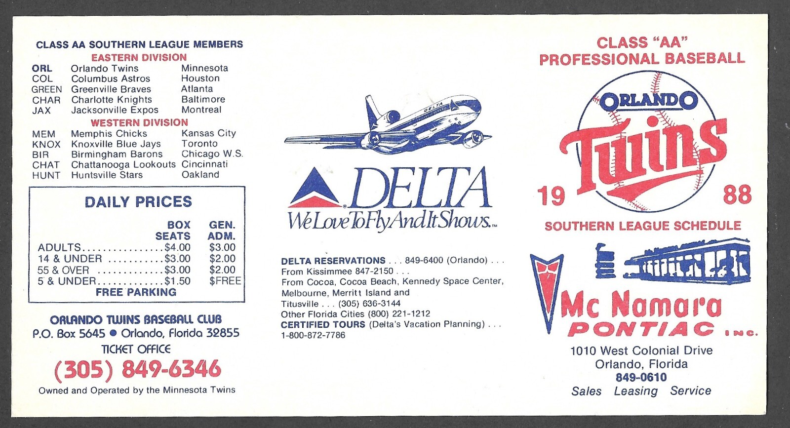 1988 ORLANDO TWINS (Minors) Delta / Pontiac  Regular Season  POCKET SCHEDULE  NM