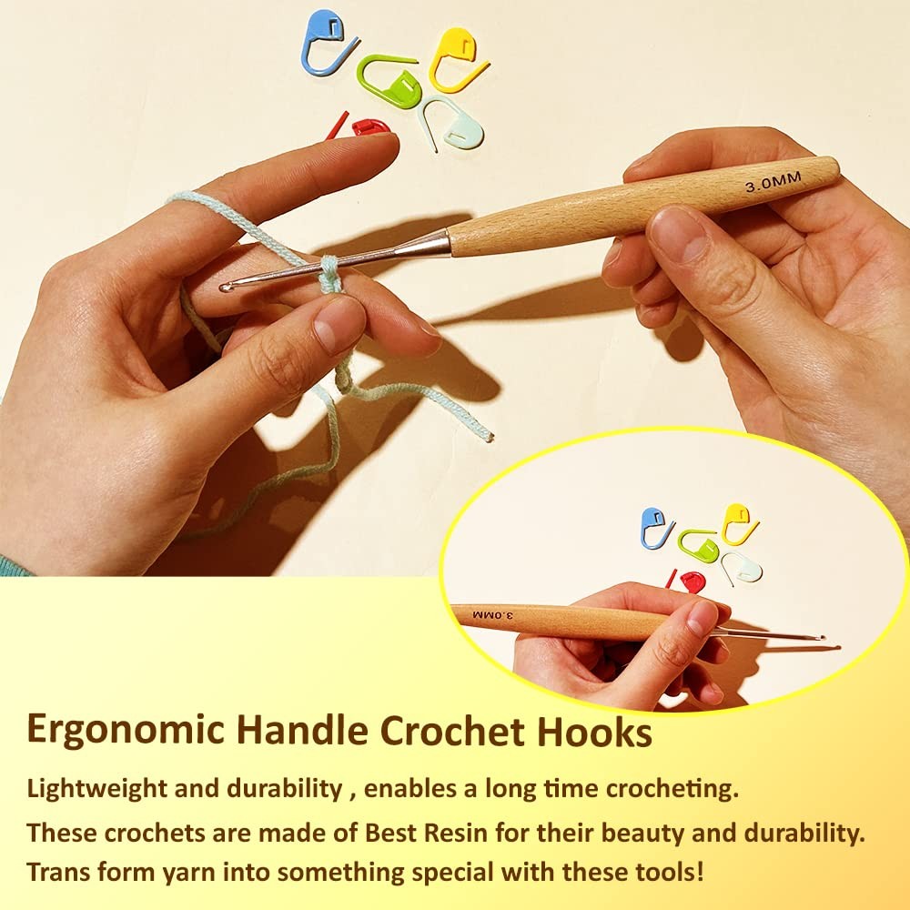 Beech Wood Crochet Hooks Set with CaseErgonomic Handle Crochet Hooks Set 3.0m...