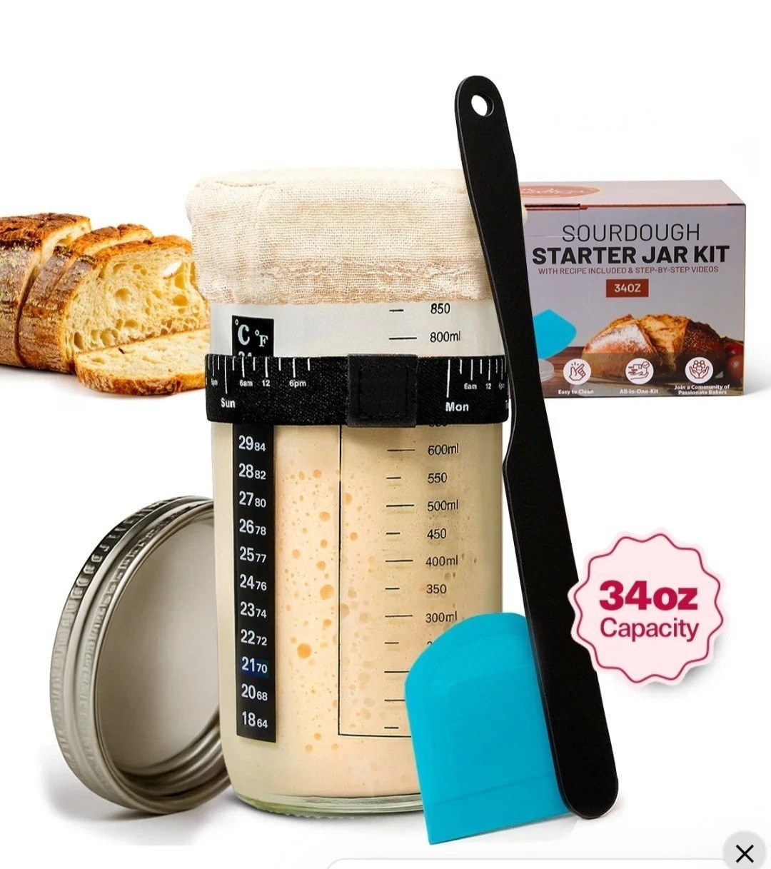 Spring Crust Beginner Friendly Sourdough Bread Starter Kit, 34 Oz Jar Wide Mouth
