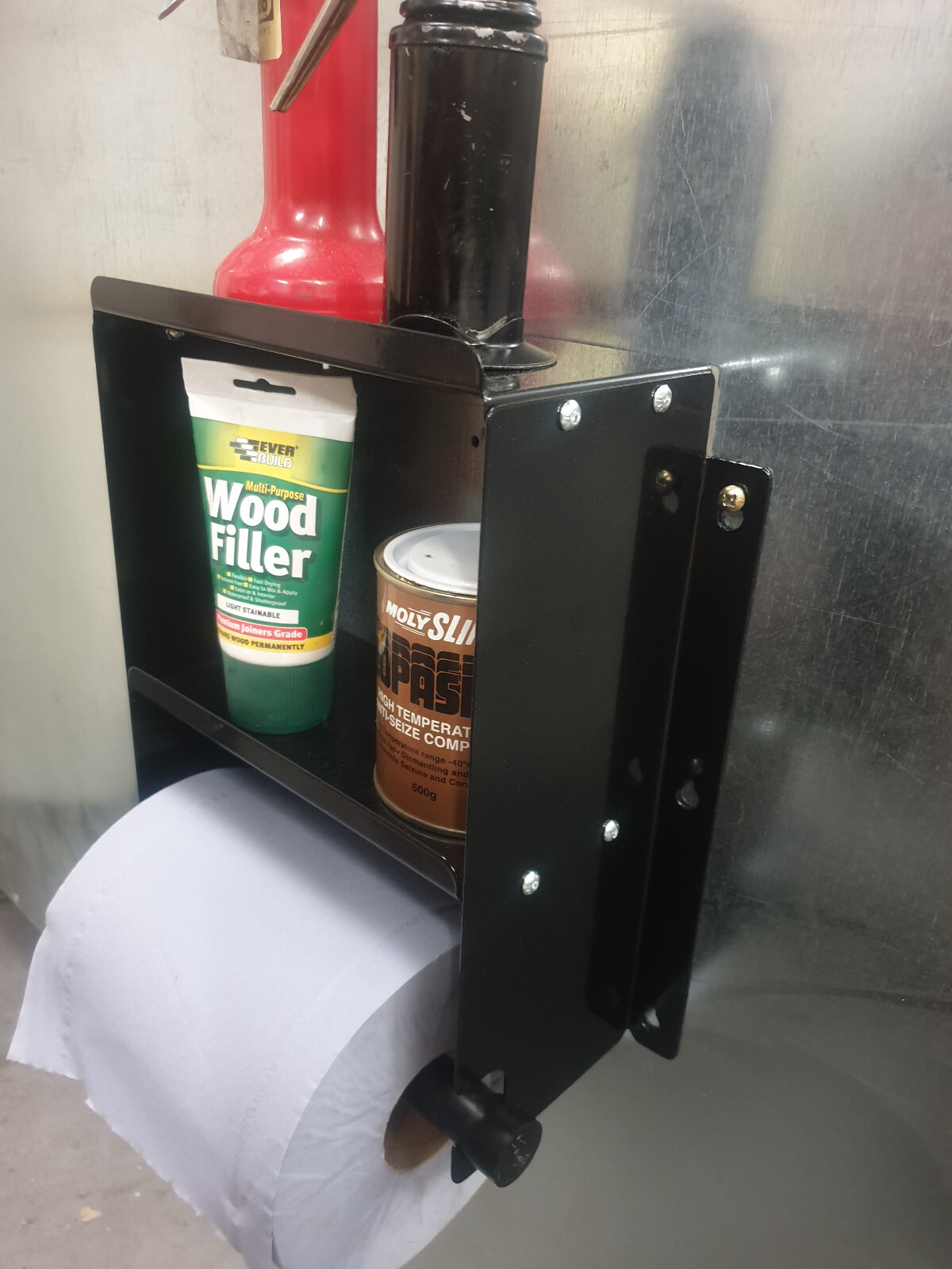 Metal, Blue Roll Paper towel Holder and twin shelfs, in gloss black powder coat