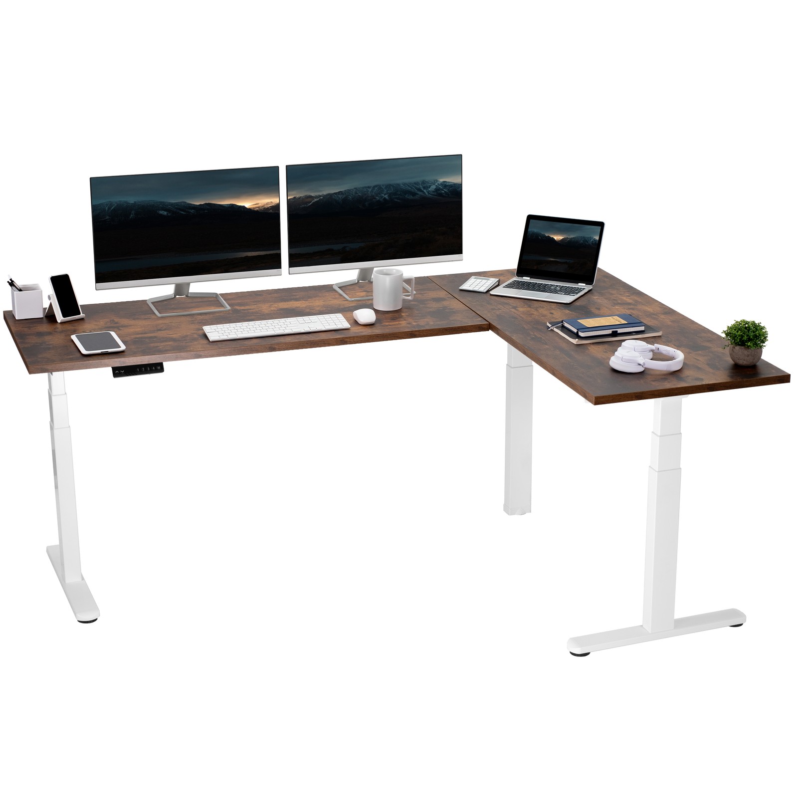 VIVO Electric 78" x 55" Stand Up Corner Desk, Vintage Brown Tops, White Frame