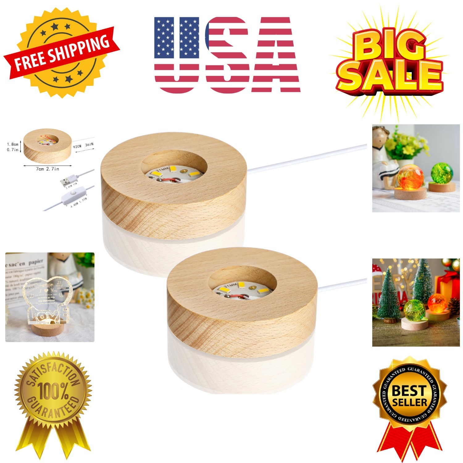 2Pcs Led Wood Display Stand for 3D Crystal Glass 2.7in Resin Art Light Wooden...