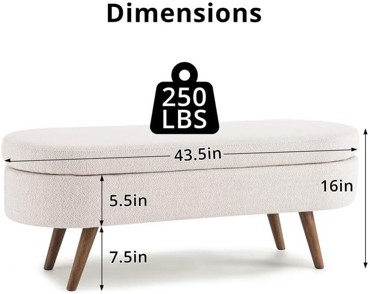 Storage Ottoman Bench, 43.5 Inches Ottoman with Storage, Linen Upholstered Bench