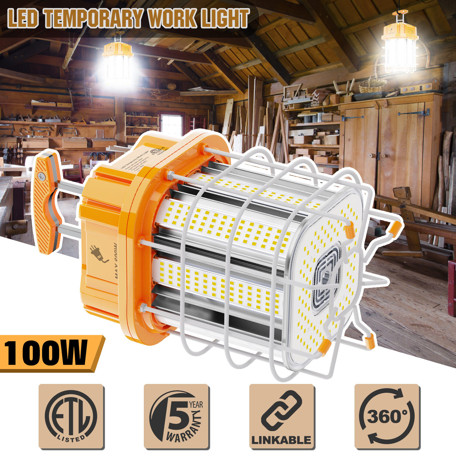 Linkable LED Temporary Work Light 100W Construction Jobsite Light 12,000LM 5000K