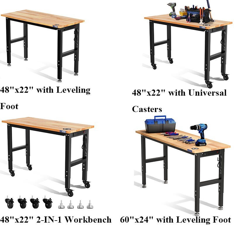 Heavy-Duty 48"X22"/60''x24" Adjustable Workbench Rubber Wood Top W/Power Outlets