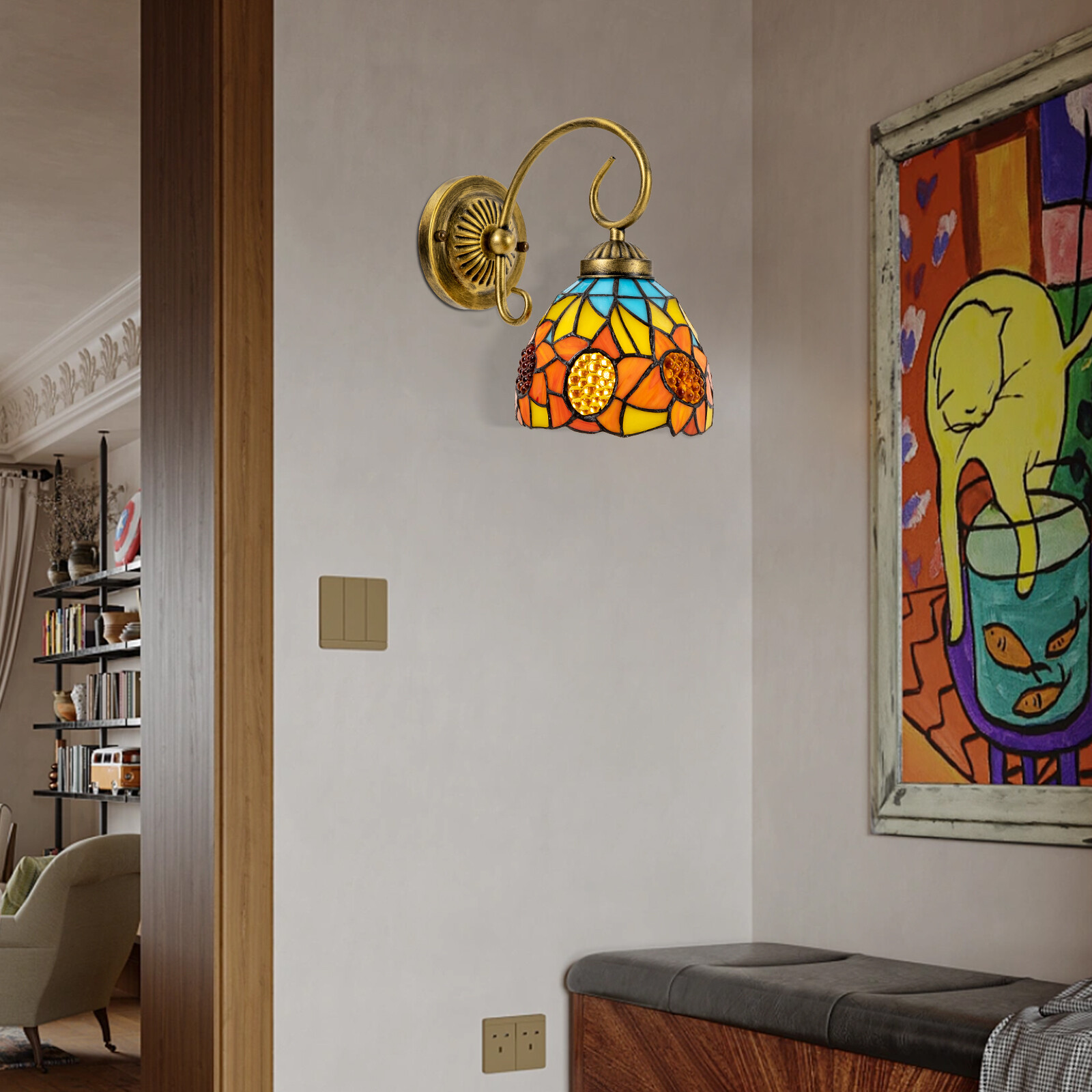 110V Wall Sconce Lamp Tiffany Vintage Stained Glass Wall Light Indoor E26