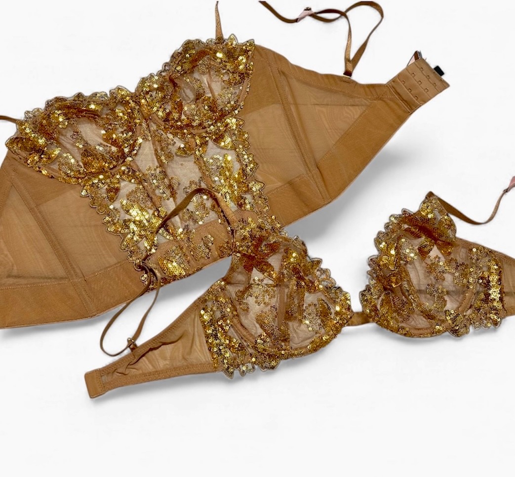 Victoria’s Secret Gold Sequined Ziggy Floral Embroidery Unlined Corset/Bra Top