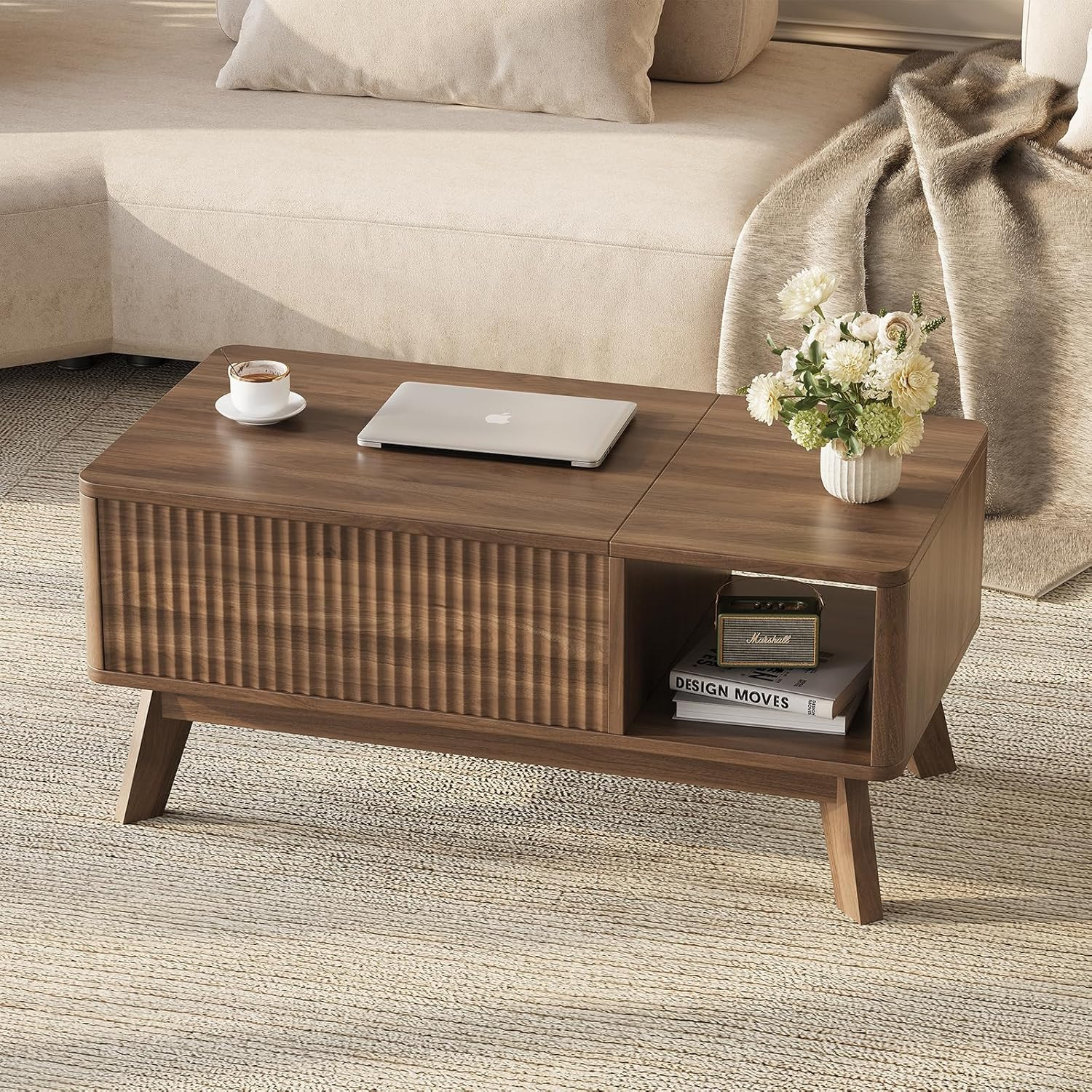 Fluted Coffee Table with Hidden Storage,Modern Wood Coffeetable with Open Shelf,
