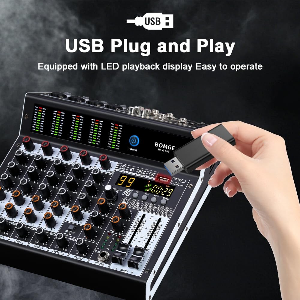 6Channel Audio Mixer with 99 DSP Effects, Bluetooth, USB, and Phantom Power