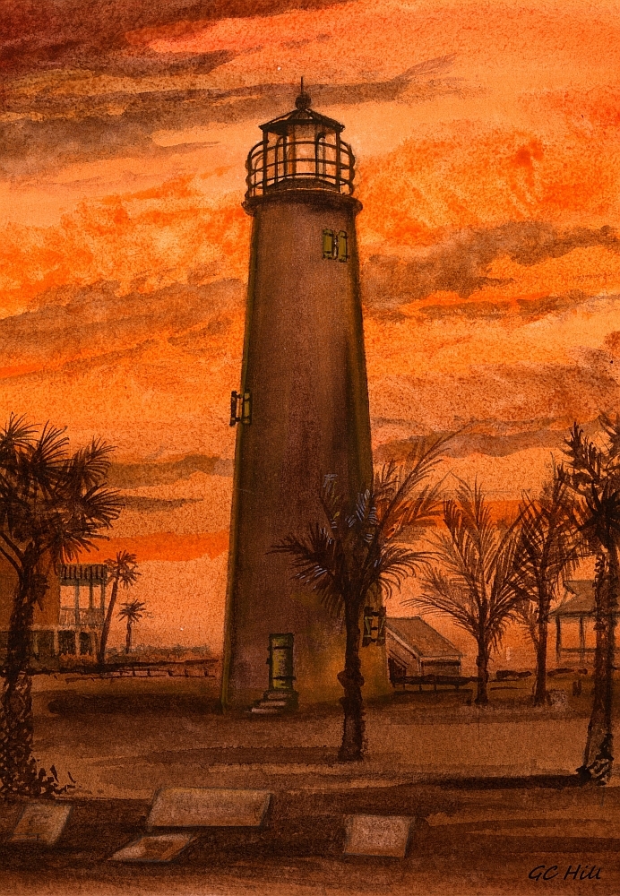 Cape St. George Lighthouse, Florida Sunset. Gerald Hill Watercolor Notecards
