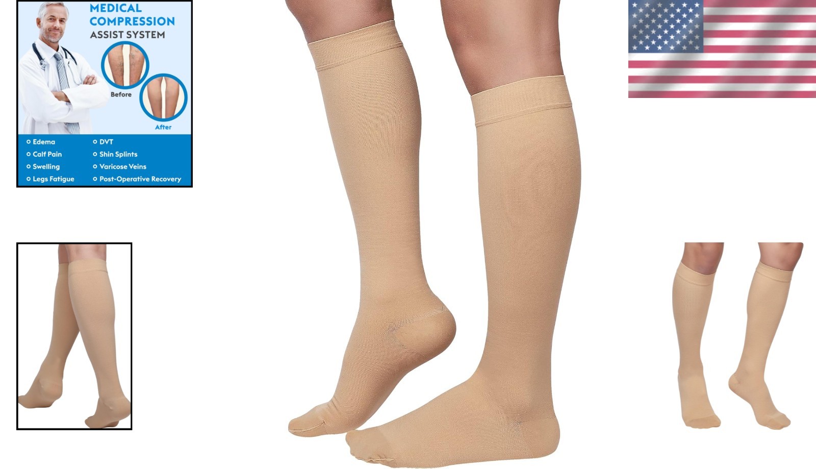 Knee High Compression Stockings Beige X-Large for Swelling and Edema Relief